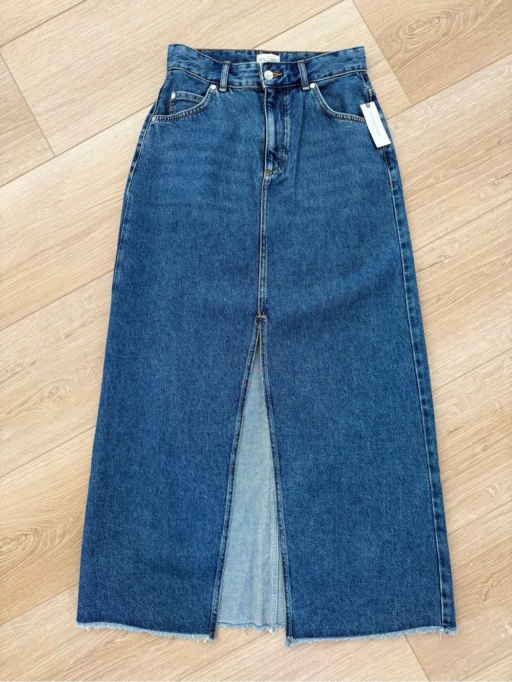 Pilcro Anthropologie High-Waist Dark Blue Denim Maxi Skirt with Front Slit